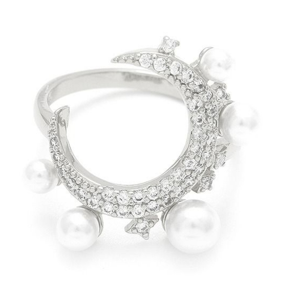 New silver 18k gold plated diamond simulated diamond and water pearl ring size 7 - Picture 3 of 8